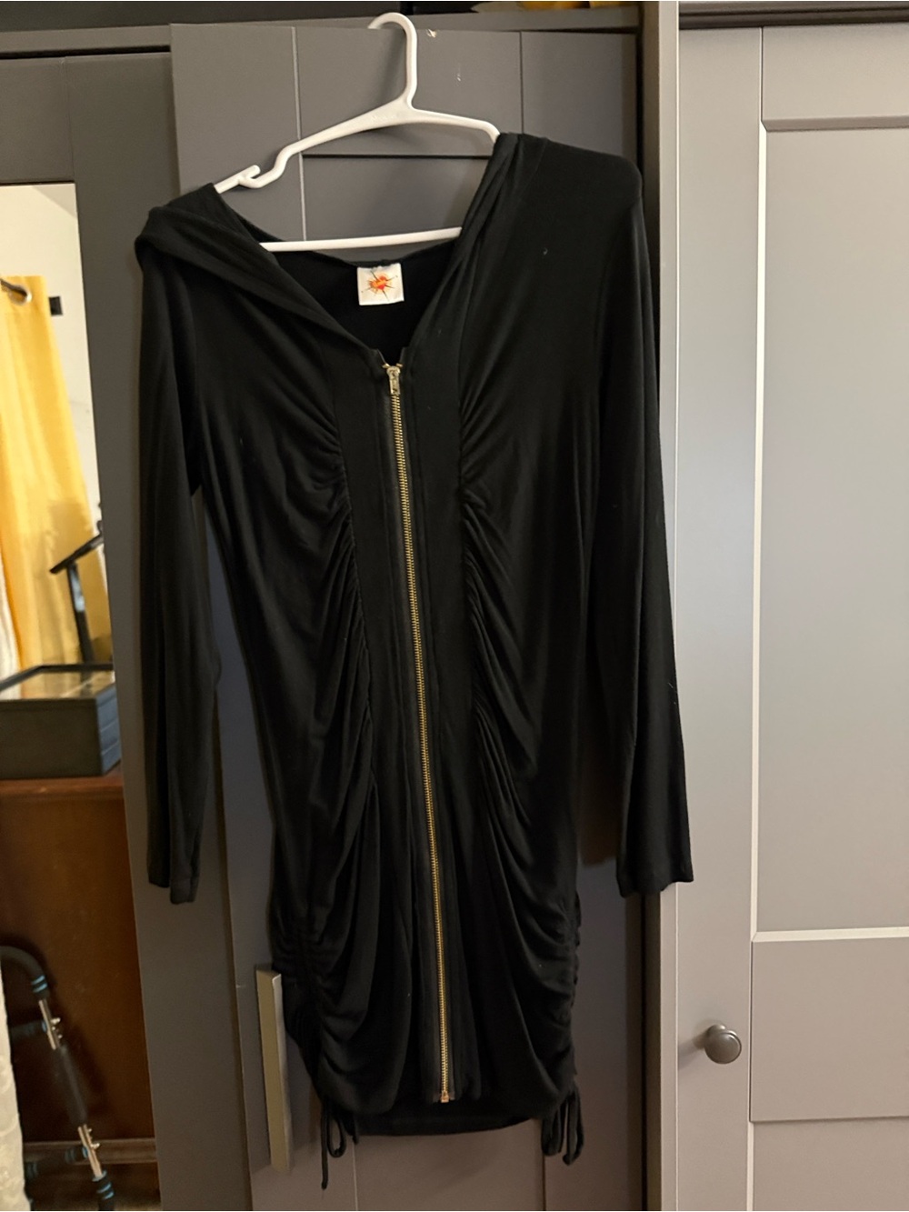 Black Hooded Long-Sleeve Zip Front Dress with Ruched Detail